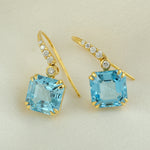 Square Cut Blue Topaz Diamond Designer Ear Hook Earrings In 14k Yellow Gold