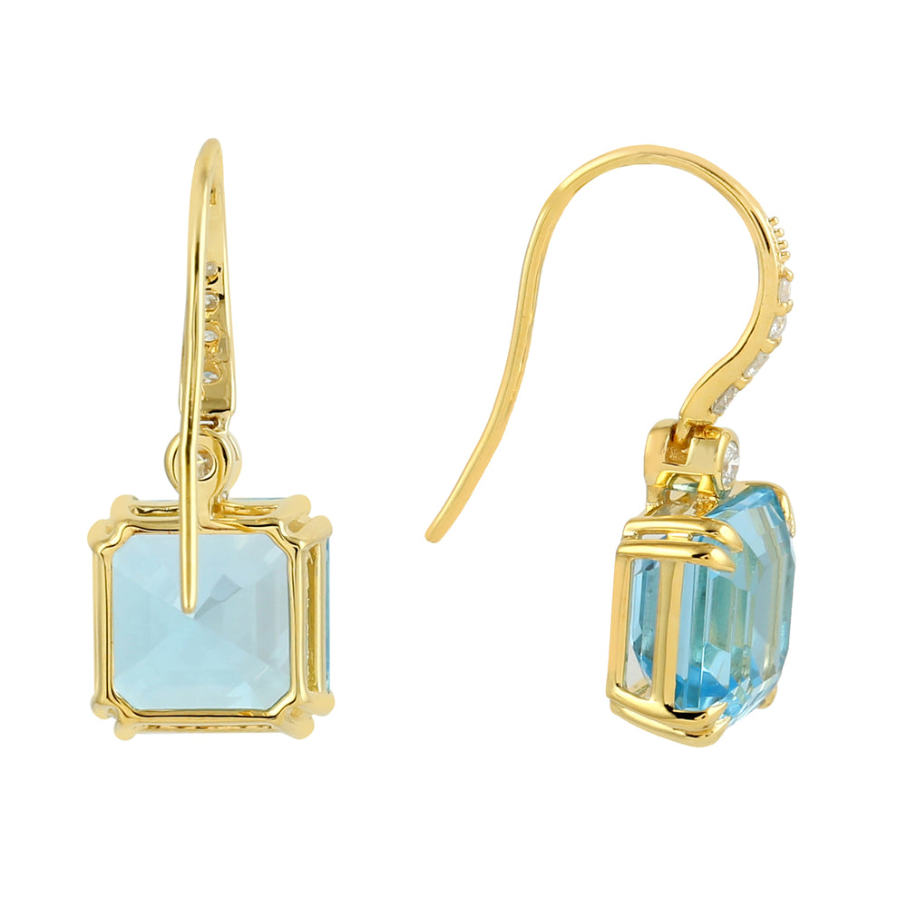 Square Cut Blue Topaz Diamond Designer Ear Hook Earrings In 14k Yellow Gold