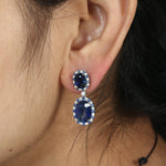 Oval Cut Blue Sapphire Pave Diamond September Birthstone 18K White Gold Danglers For Women