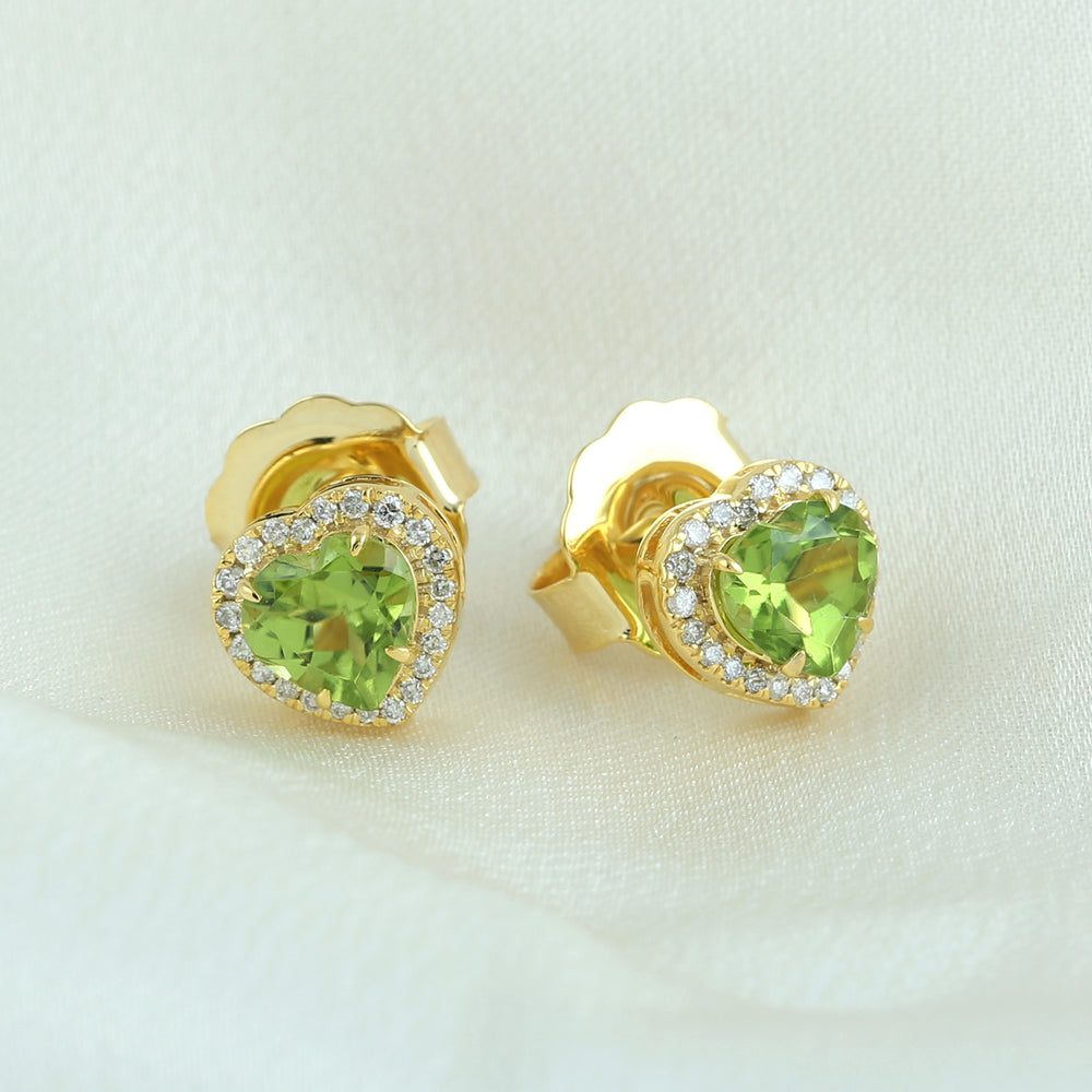 14K Yellow Gold Pave Diamond Prong Peridot Heart Stud Earrings For Her