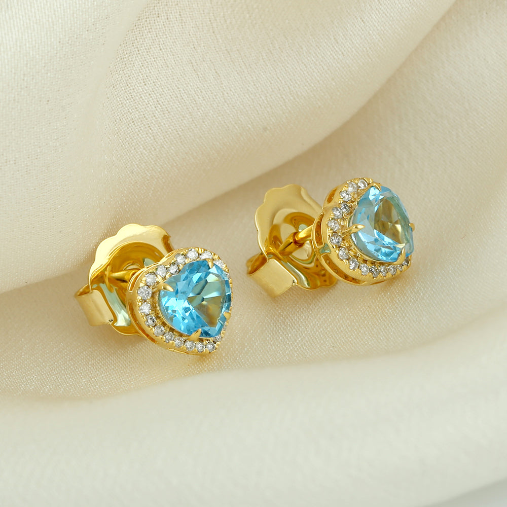 Blue Topaz Pave Diamond Heart Design Stud Earrings In 14K Yellow Gold For Valentine Gift