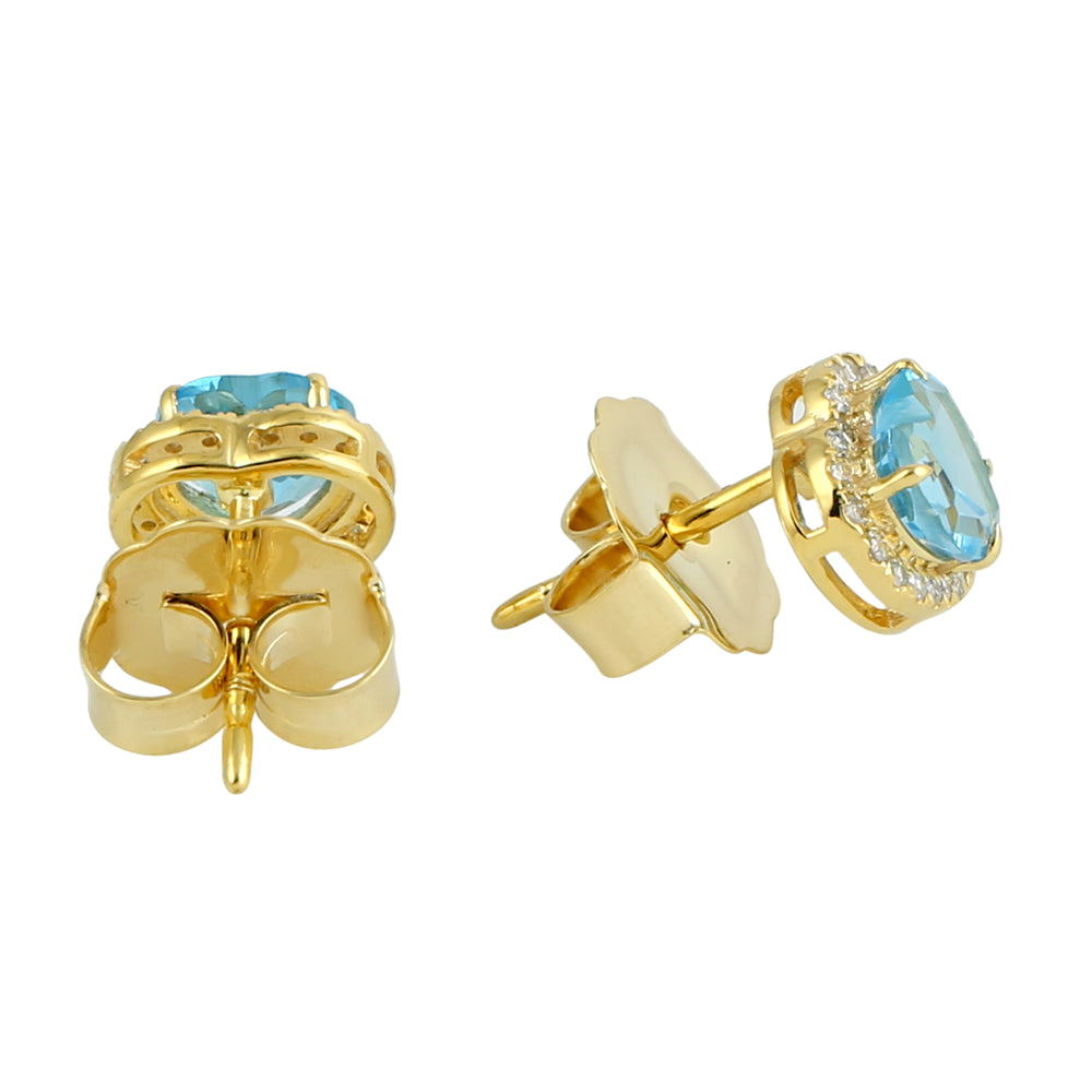 Blue Topaz Pave Diamond Heart Design Stud Earrings In 14K Yellow Gold For Valentine Gift