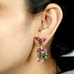 Pear Cut Pink Green Tourmaline Floral Design Diamond 18k Yellow Gold Ear Jewelry