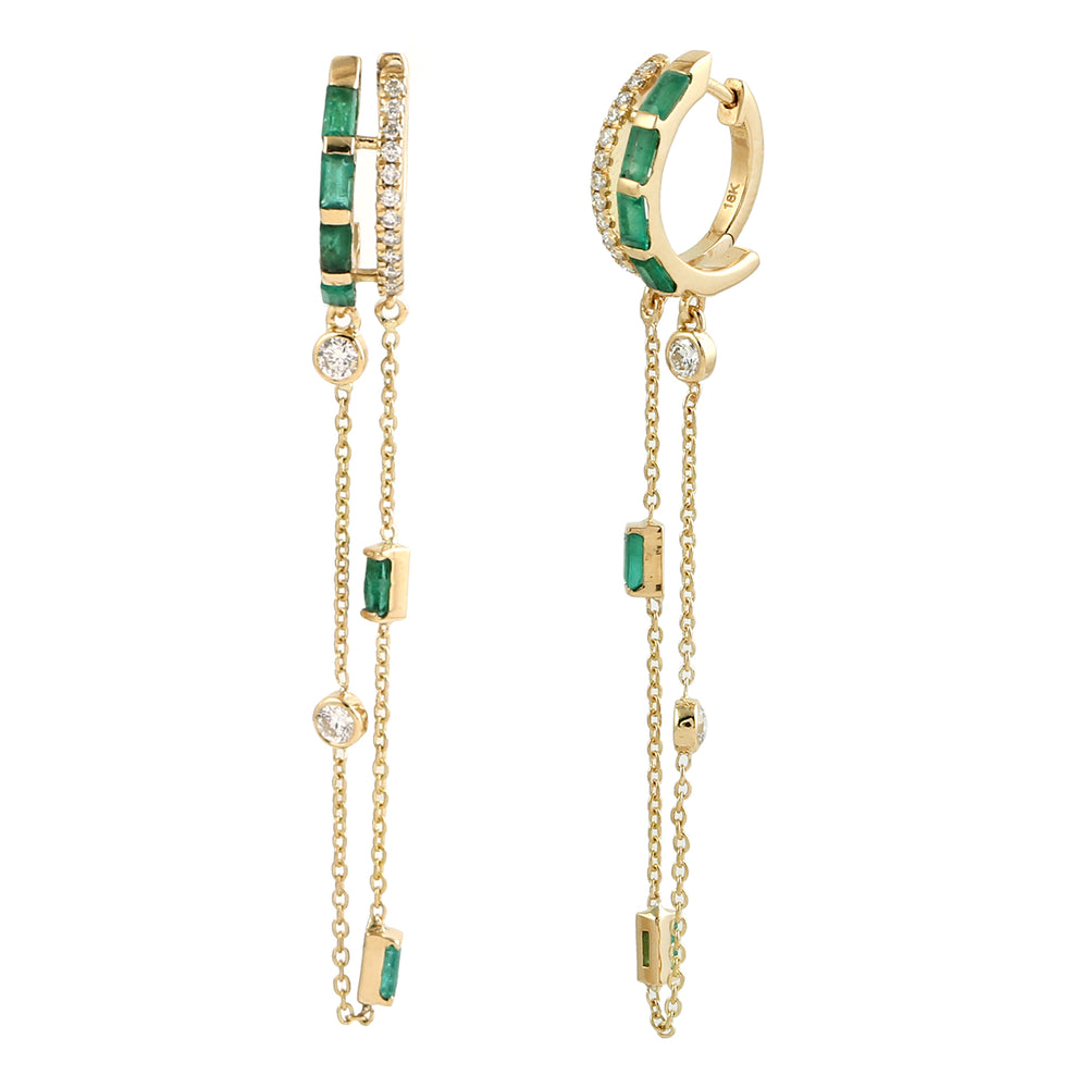 Baguette Emerald Pave Diamond Double Frings Unique Huggies In 18K Yellow Gold