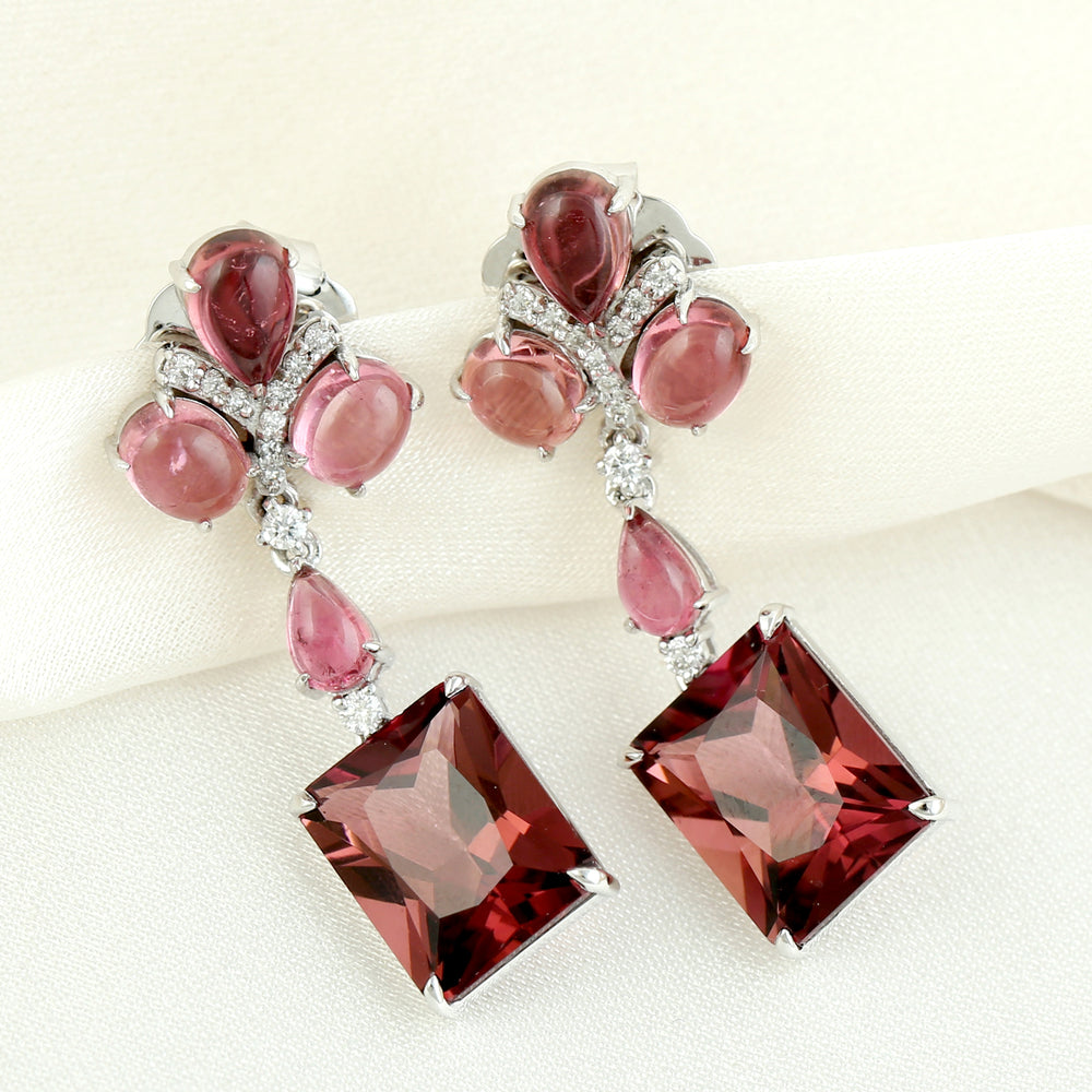 Faceted Tourmaline Diamond Handmade Party Wear Earrings In 18k Solid White Gold