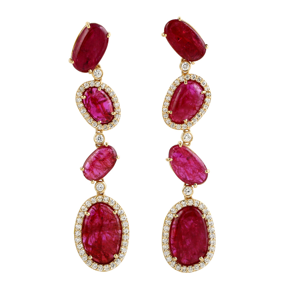 Prong Set Oval Ruby Pave Diamond Zig Zag Unique Design 18k Yellow Gold Danglers