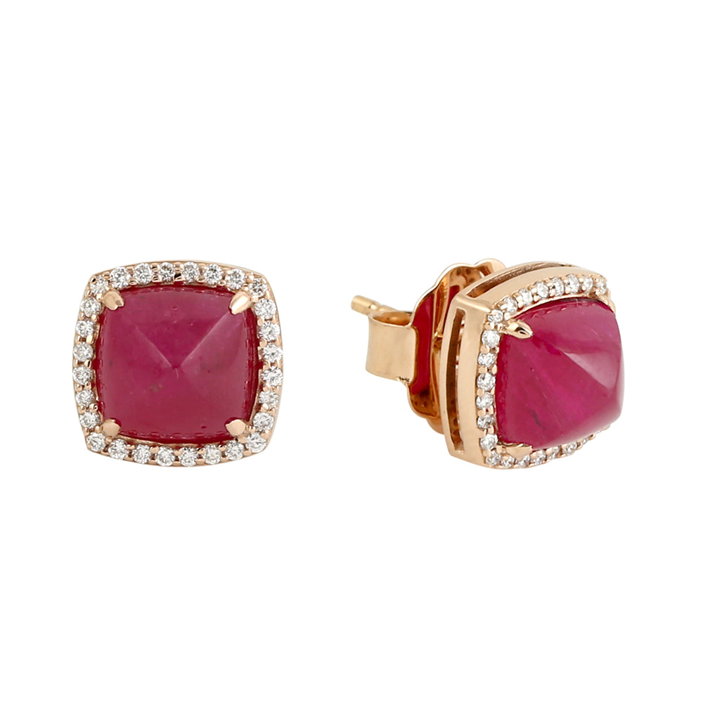 Spike Design Ruby Pave Diamond Halo Stud Earrings In 18k Yellow Gold For Her