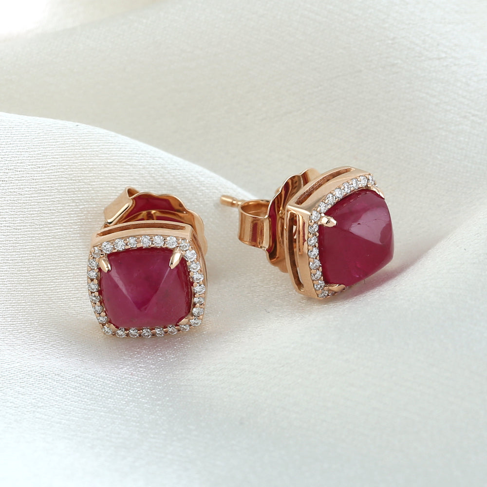 Spike Design Ruby Pave Diamond Halo Stud Earrings In 18k Yellow Gold For Her