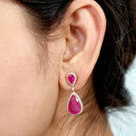 Pear Cut Ruby Pave Diamond Long Drop Danglers Wedding Jewelry In 18k Gold