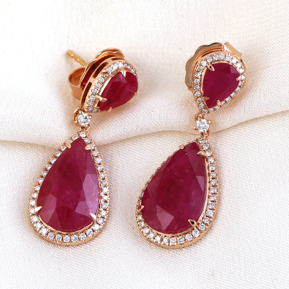 Pear Cut Ruby Pave Diamond Long Drop Danglers Wedding Jewelry In 18k Gold