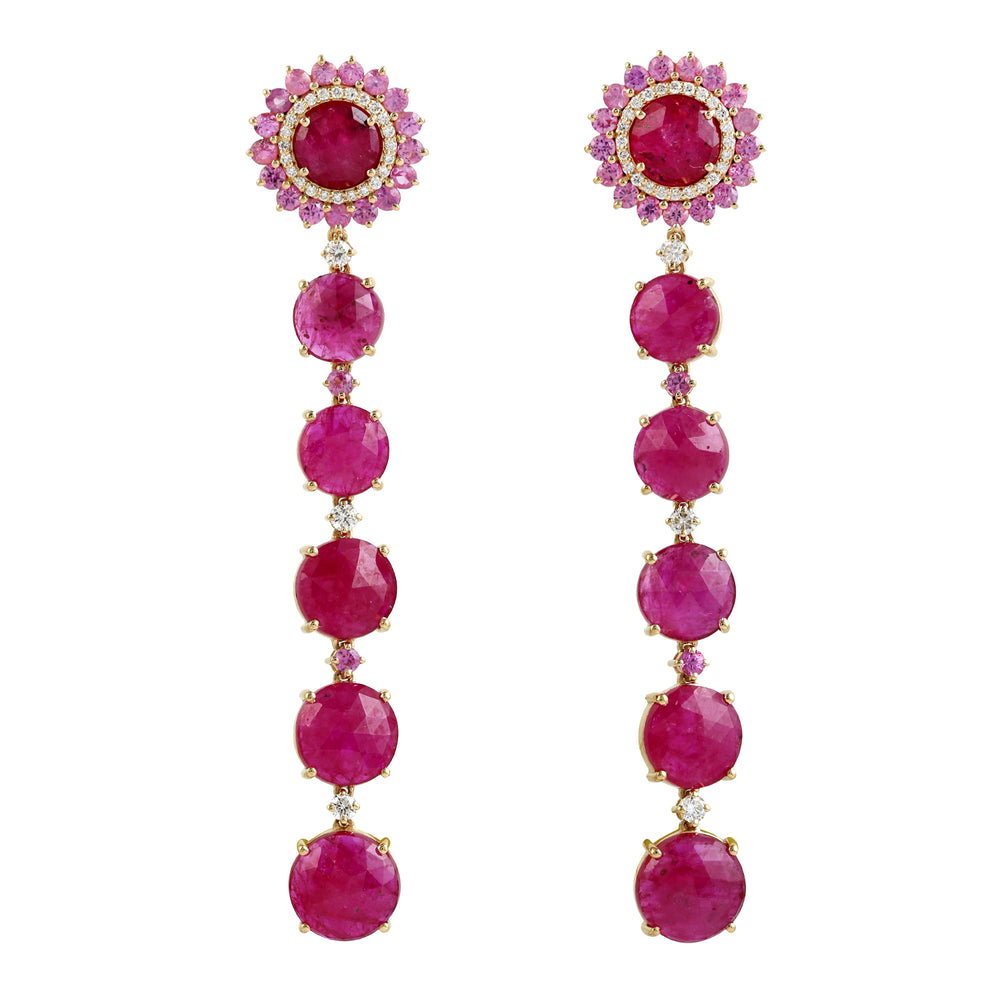 Natural Ruby Pink Sapphire Long Drop Danglers In 18k Yellow Gold Wedding Jewelry