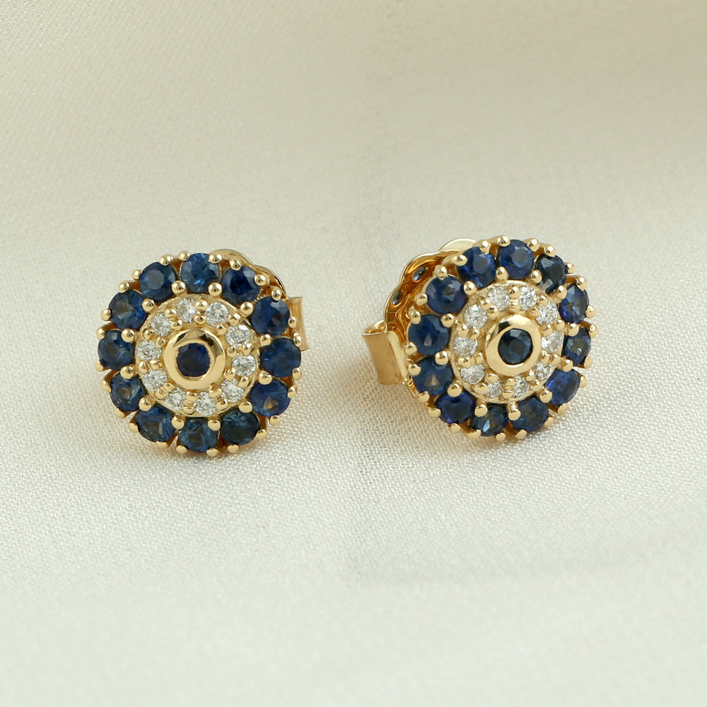 Natural Blue Sapphire Diamond Handmade Stud Earrings In 18k Yellow Gold