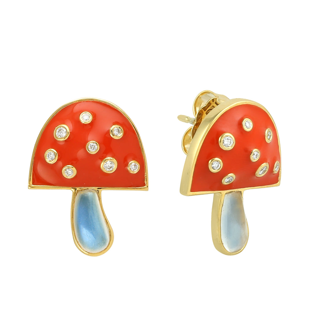 14K yellow Gold Bezel Set Diamond Moonstone Mushroom Enamel Stud Earrings