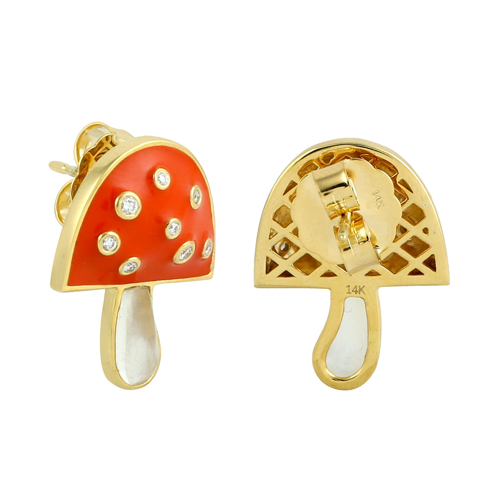 14K yellow Gold Bezel Set Diamond Moonstone Mushroom Enamel Stud Earrings