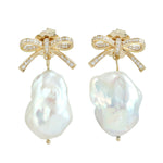 Pearl Chinese Pave Diamond Ivory Bow Dangle Earrings 18K Yellow Gold Jewelry