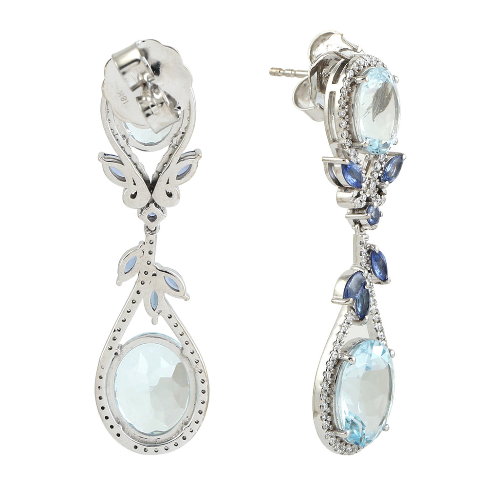 Marquise Blue Sapphire Oval Aquamarine Gemstone Pave Diamond 18K White Gold Dangle Designer Earrings For Women