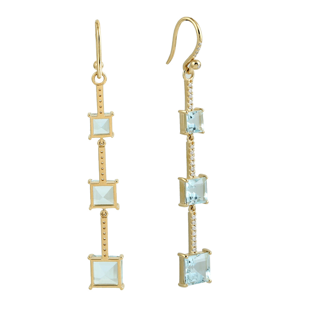 18K Yellow Gold Prong Square Cut Aquamarine Pave Diamond Wedding Dangler