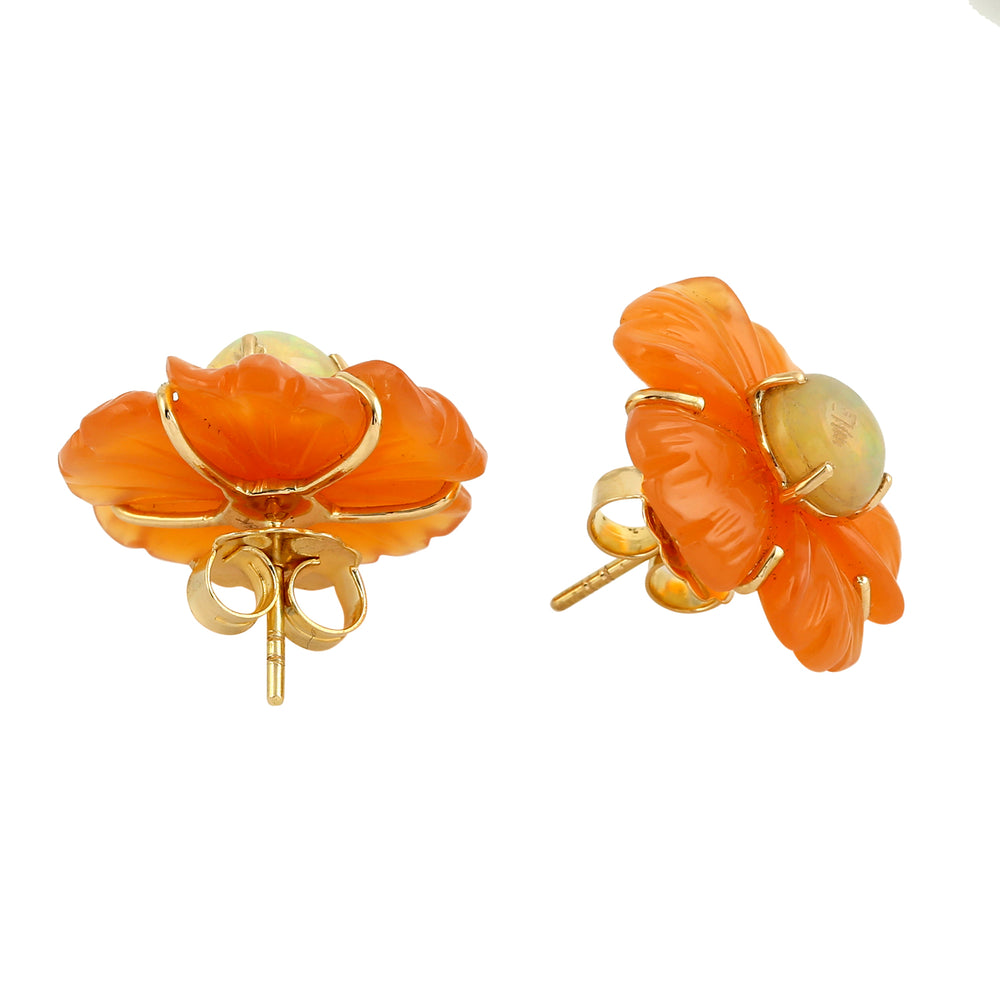 Carved Mix Stone Round Opal Ethiopian Gemstone 18K Yellow Gold Flower Earrings Jewelry