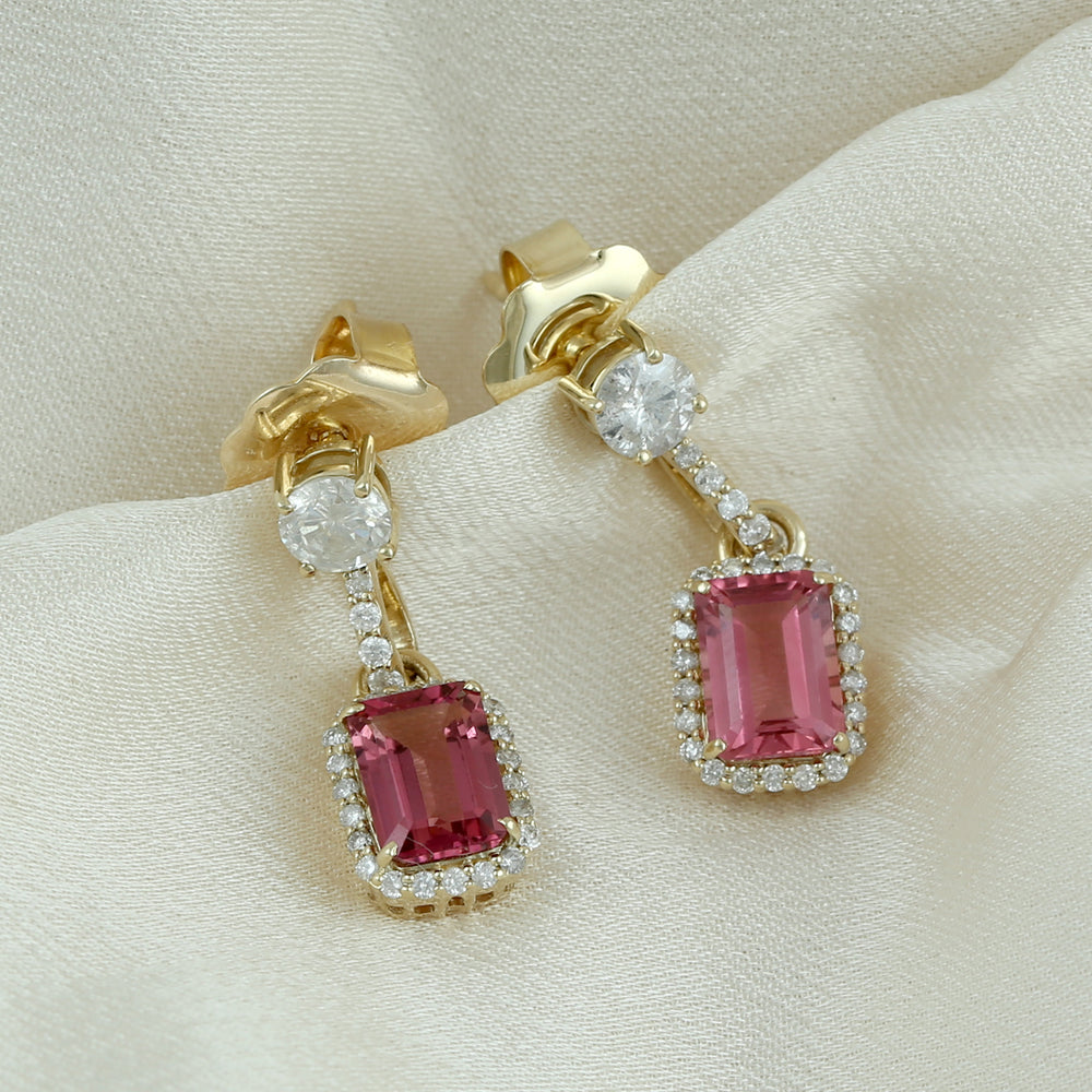 14K Yellow Gold Prong Rose Cut Diamond Baguette Pink Tourmaline Partywear Dangler