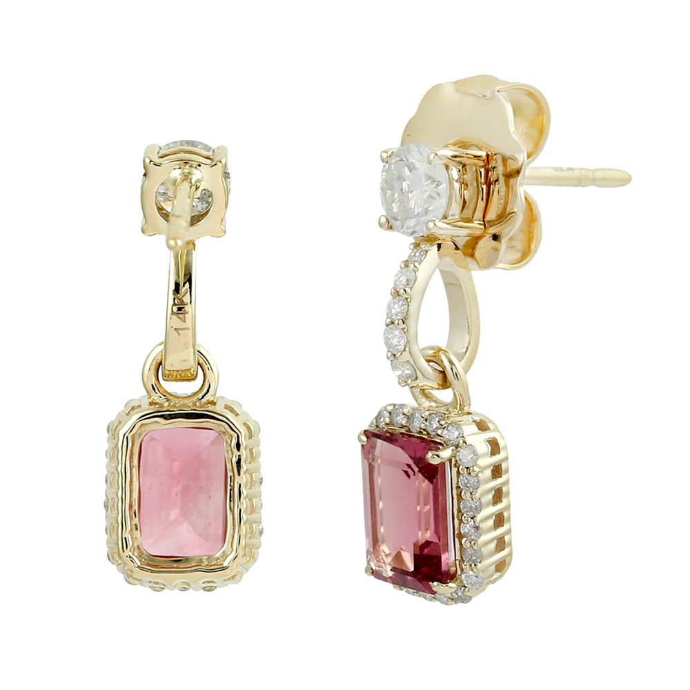 14K Yellow Gold Prong Rose Cut Diamond Baguette Pink Tourmaline Partywear Dangler