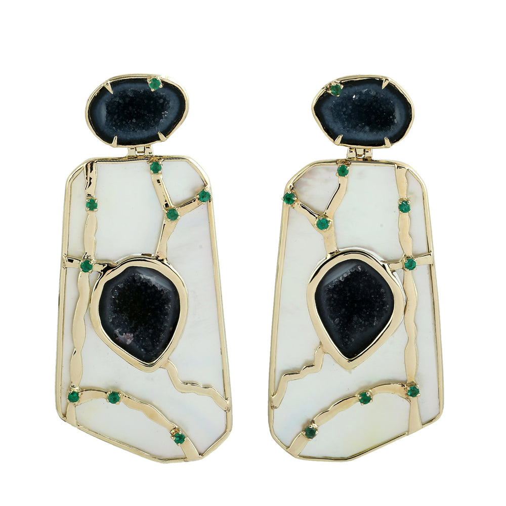 14K Yellow Gold Fancy Cut Mop Prong Geode Emerald Unique Dangler Earrings