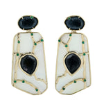 14K Yellow Gold Fancy Cut Mop Prong Geode Emerald Unique Dangler Earrings