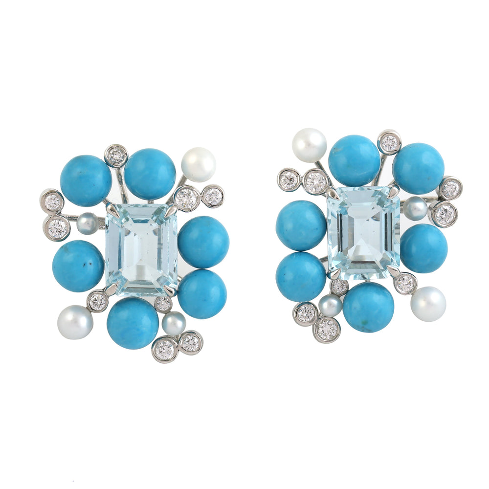 Baguette Cut Aquamarine Round Turquoise Round Pearl Bezel Diamond Stud In White Gold