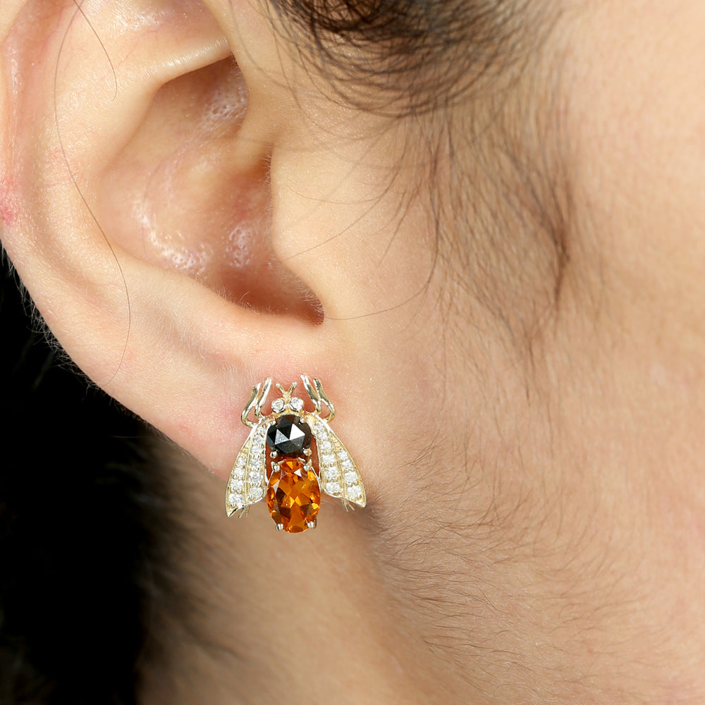 Oval Cut Citrine Round Black Diamond Pave Diamond Insect Stud Earrings In Yellow Gold