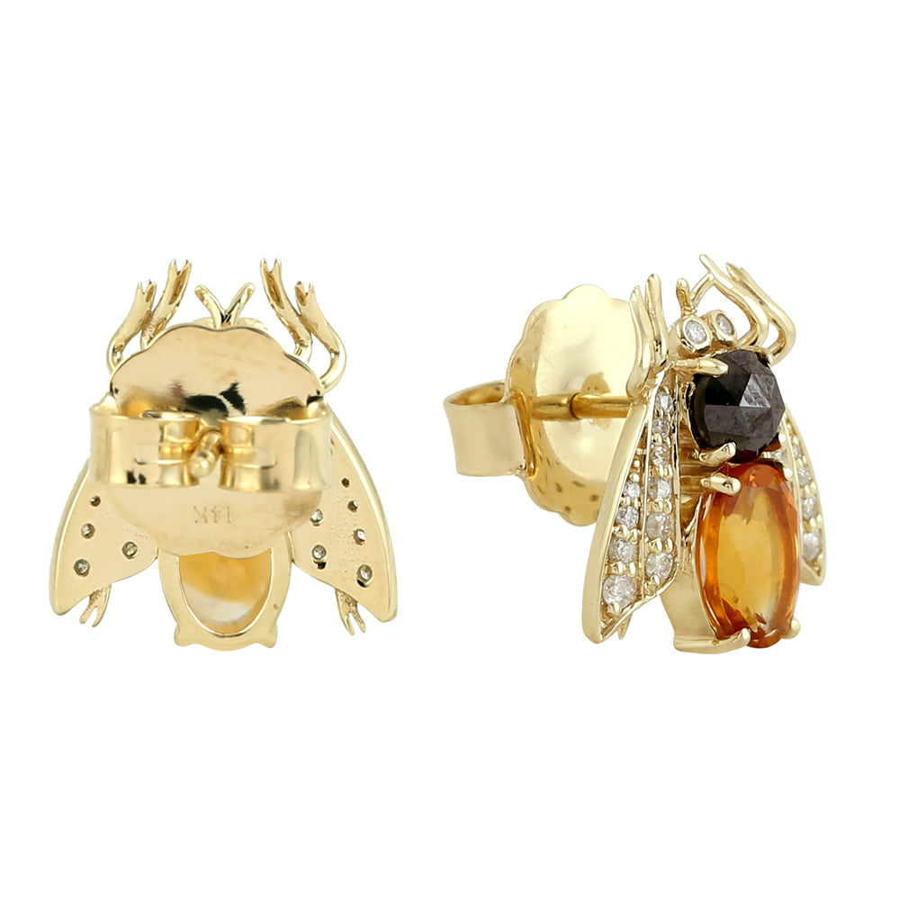 Oval Cut Citrine Round Black Diamond Pave Diamond Insect Stud Earrings In Yellow Gold