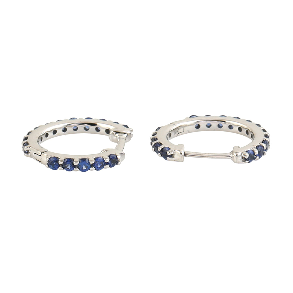 Blue Sapphire Gemstone Pave Eternity Huggies Earrings In 18K White Gold