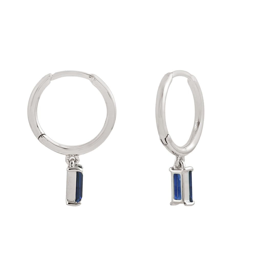 Baguette Cut Blue Sapphire September Birthstone Hoop Earrings In White Gold