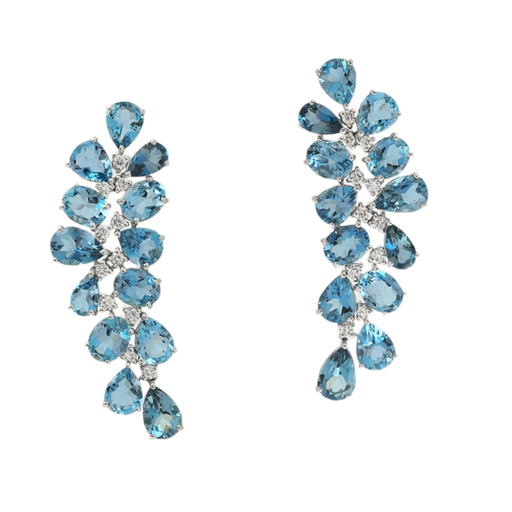 Pear Cut Aquamarine Prong Diamond Flower Petals Earrings In 18K White Gold