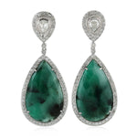 Natural Pear Emerald Bezel Set Rose Cut Wedding Drop Dangler Made In 18K White Gold