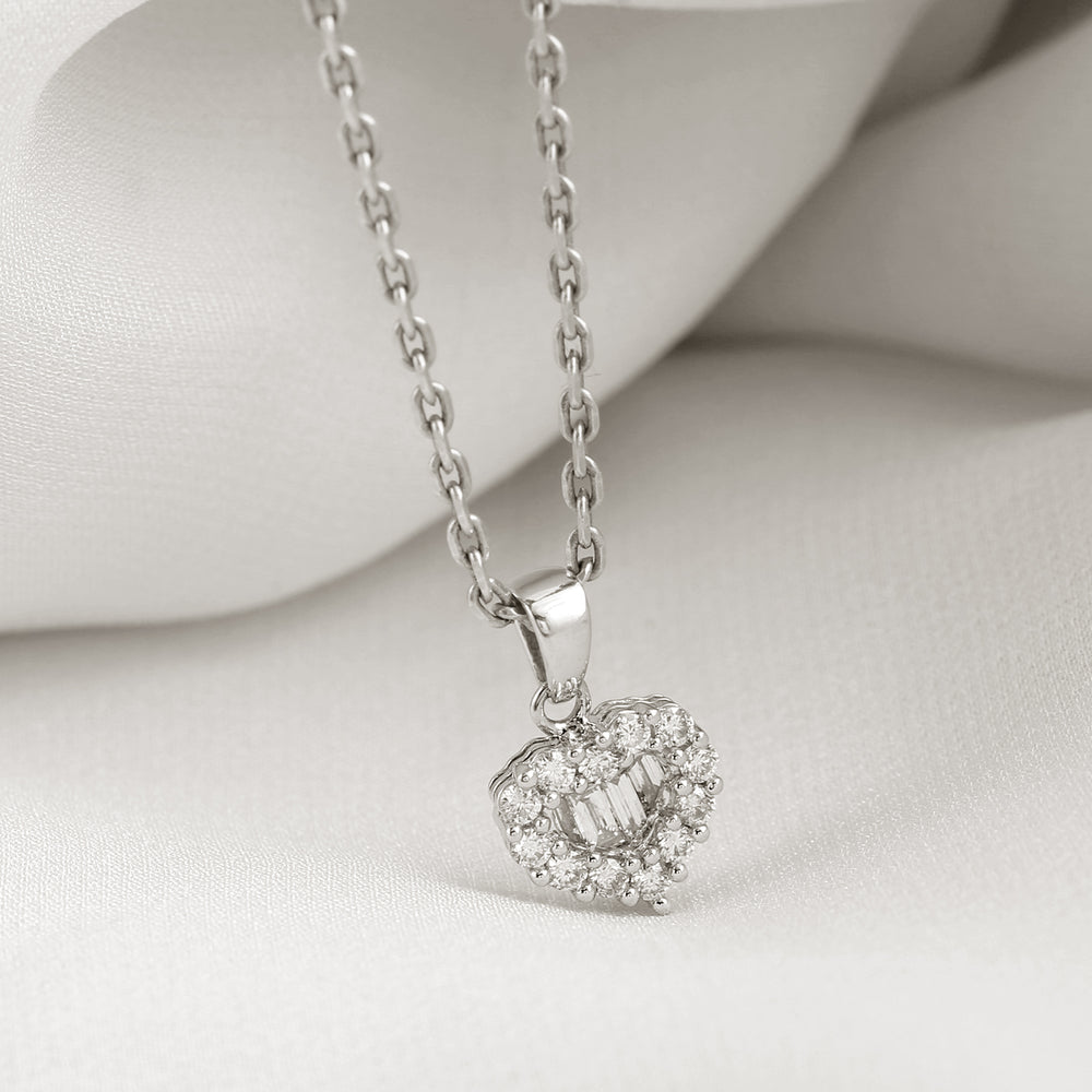 Natural Baguette Diamond Heart Charm Pendant 18K White Gold Jewelry