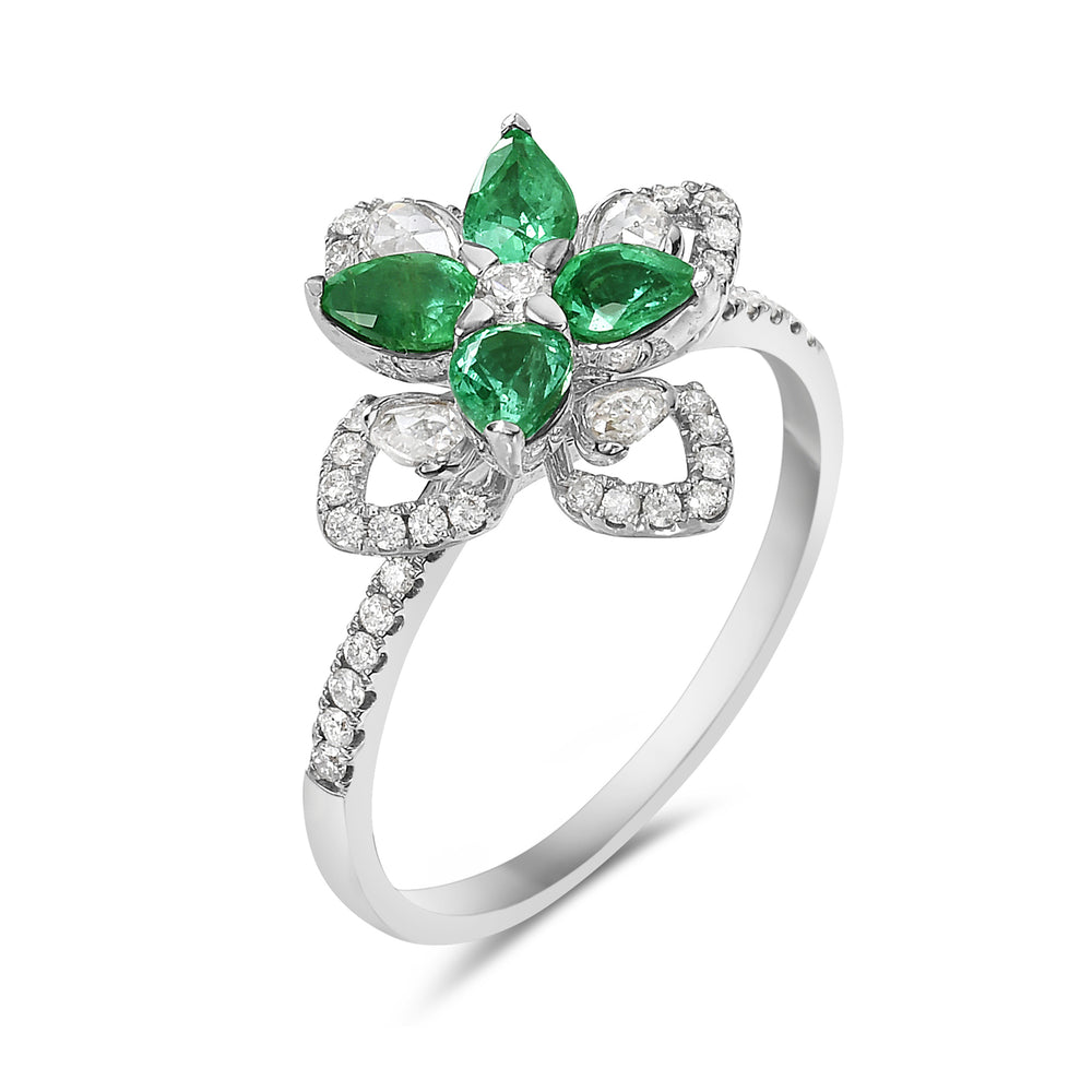 Pear Cut Emerald Pave Diamond Daisy Statement Ring In 18k White Gold