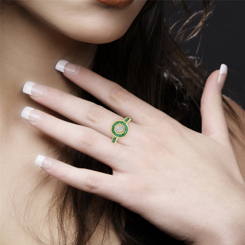 Channel Set Emerald Diamond Beautiful Halo Cocktail Ring in 18k Yellow Gold Gift