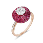 Channel Set Ruby PRONG Rose Cut Diamond In 18k Rose Gold Halo Designer Ring