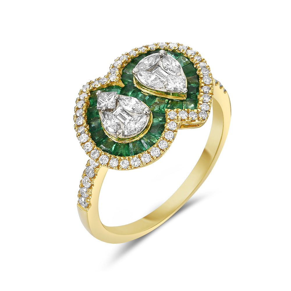 Channel Set Emerald Diamond 18k Yellow Gold Handmade Ring