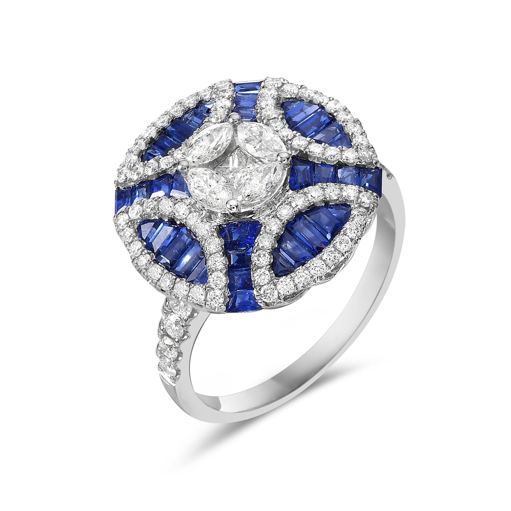 Baguette Sapphire Diamond Cocktail Ring In 18k White Gold