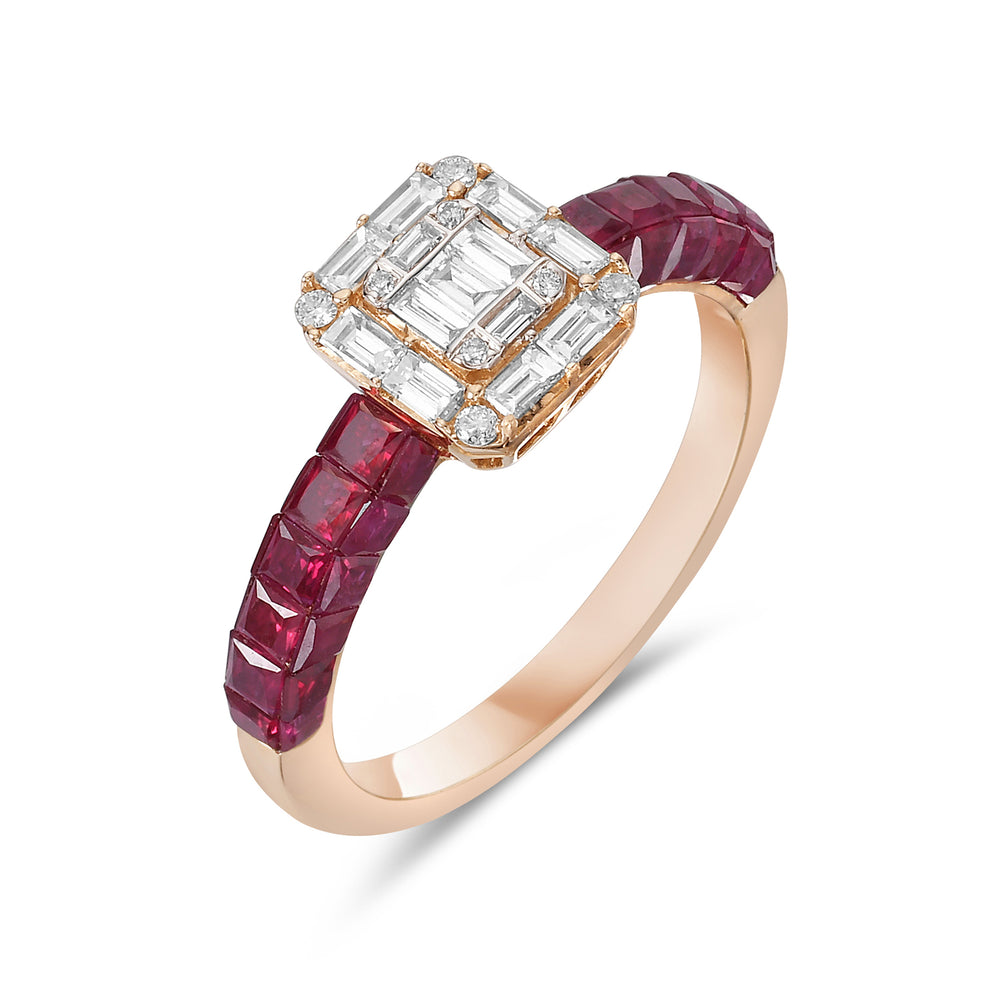 Princess Cut Ruby Baguette Diamond In 18k Rose Gold Elegant Ring