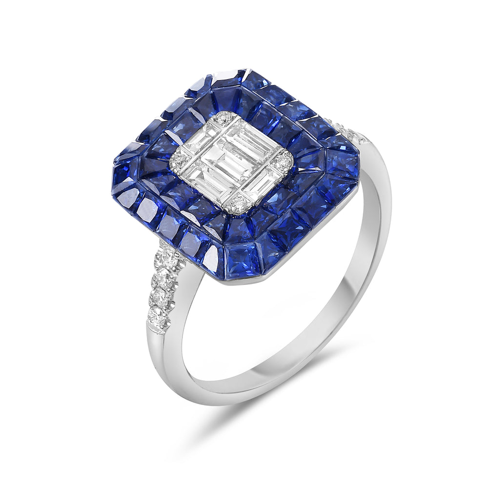 Blue Sapphire Pave Diamond Octagon Shape Cocktail Ring In 18k White Gold