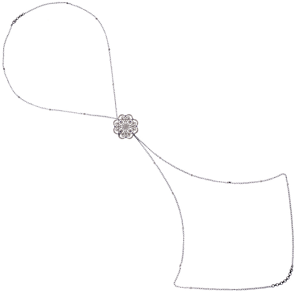 Micro Pave Diamond Sapphire Designer Body Chain Necklace In Silver