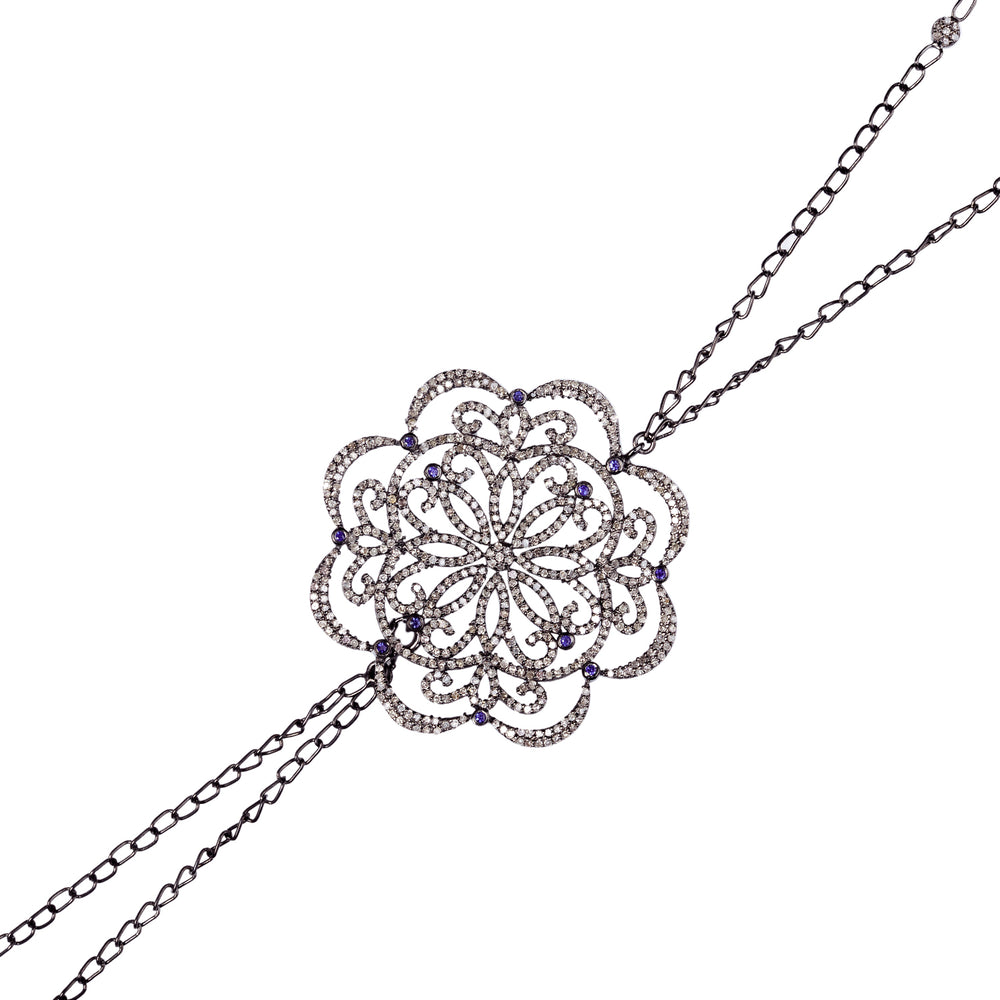 Micro Pave Diamond Sapphire Designer Body Chain Necklace In Silver