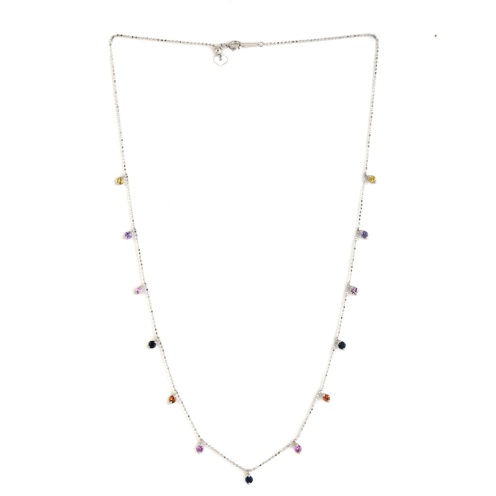 Rainbow Sapphire September Birthstone Station Chain Necklace Dainty In 18k White Gold