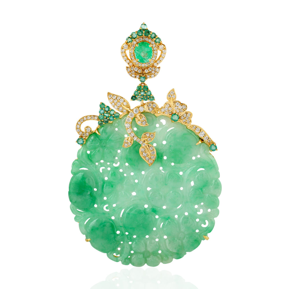 Carved Jade Pave Emerald & Diamond Beautiful Pendant In 18k Yellow Gold