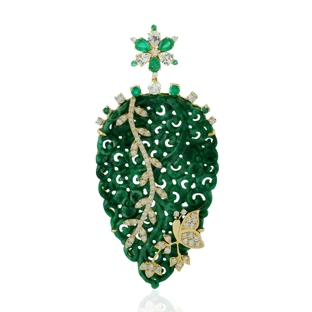 Carved Jade Leaf Design Pave Diamond Pear Cut Emerald & Sapphire Pendant In Gold