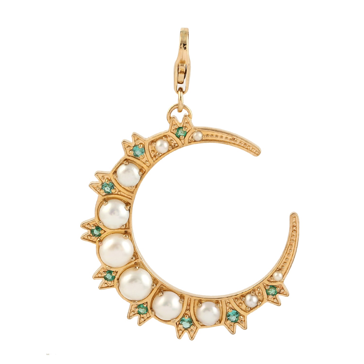 Natural Pearl, Emerald Gemstone Beautiful Crescent Moon Pendant In 18k  Yellow Gold