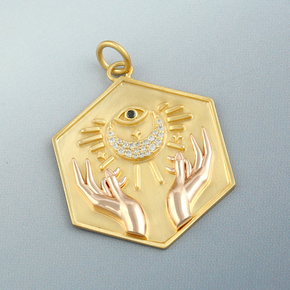 Pave Diamond Hexagon Half Moon & Evil Eye Two Hand Pendant In 14k Yellow Rose Gold