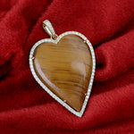 Tiger Eye & Pave Diamond Heart Shaped Pendant In 18k Yellow Gold