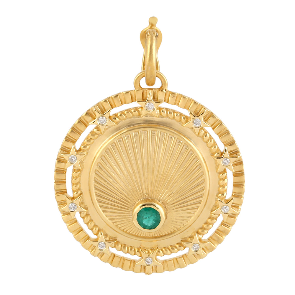 Bezel Set Emerald Natural Diamond Sunrise Star Pendant For Gift In 14k Yellow Gold